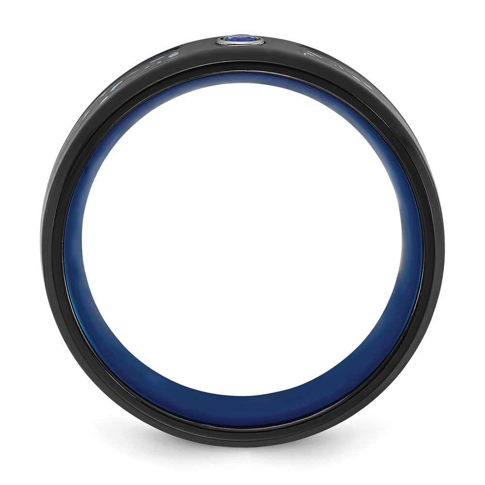 Chisel Titanium Polished Black and Blue IP-plated with Blue CZ Carbon Fiber Inlay in Clear Epoxy Band