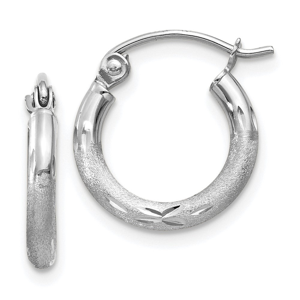 14k White Gold Satin and Diamond-cut Round Hoop Earrings
