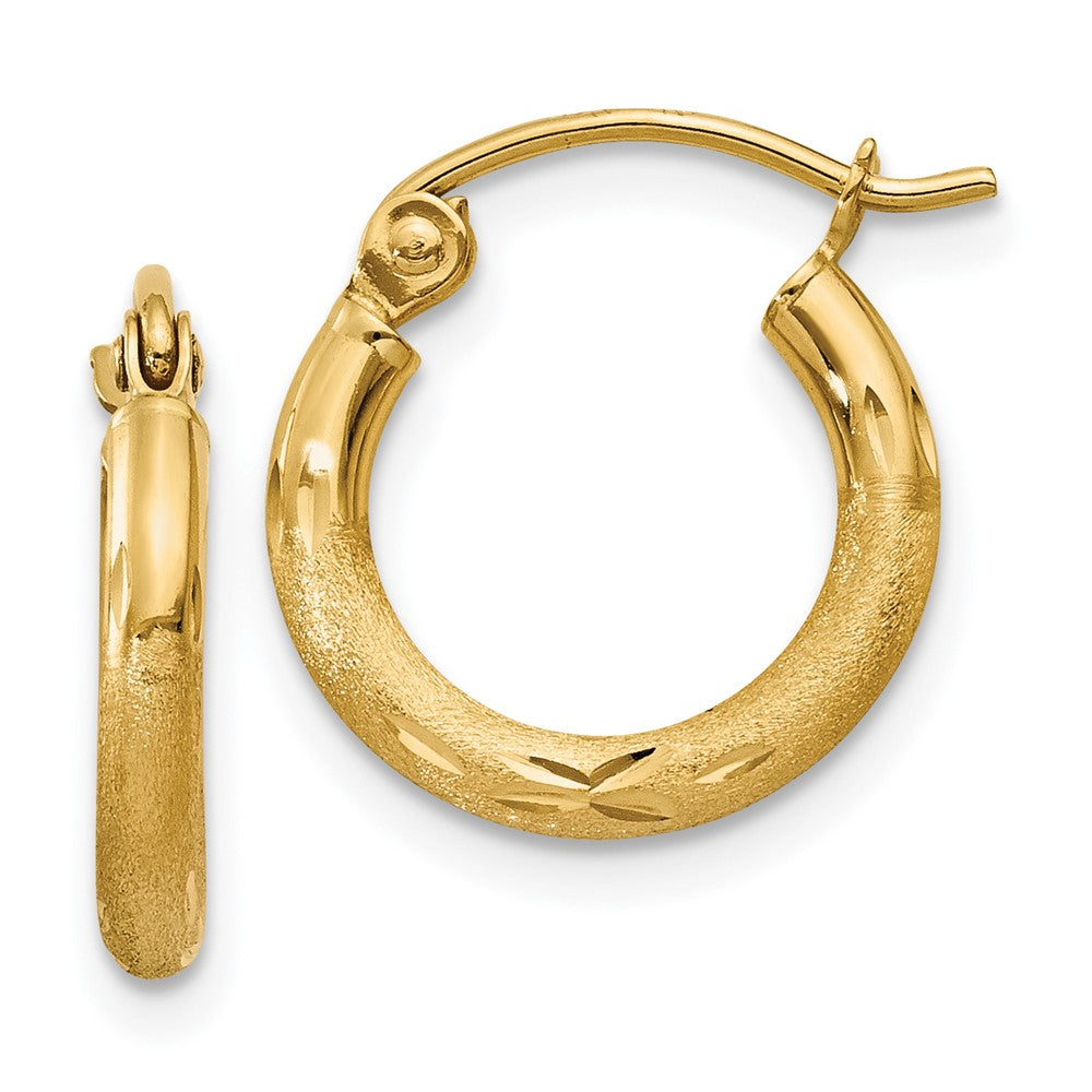14k Satin and Diamond-cut Round Tube Hoop Earrings