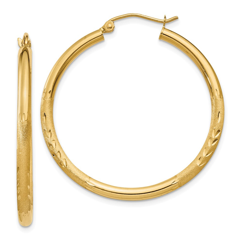 14k Satin & Diamond-cut Round Hoop Earrings