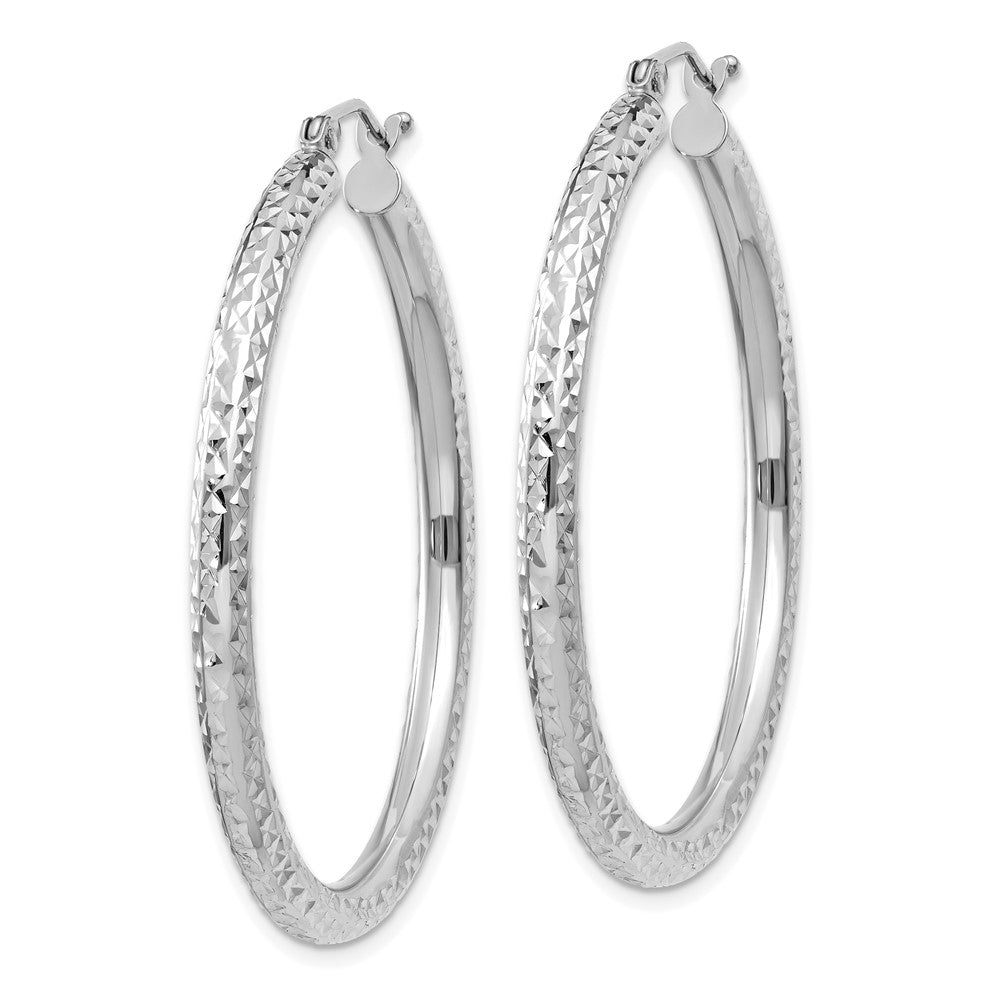 14k White Gold 3x Diamond-cut Round Tube Hoop Earrings