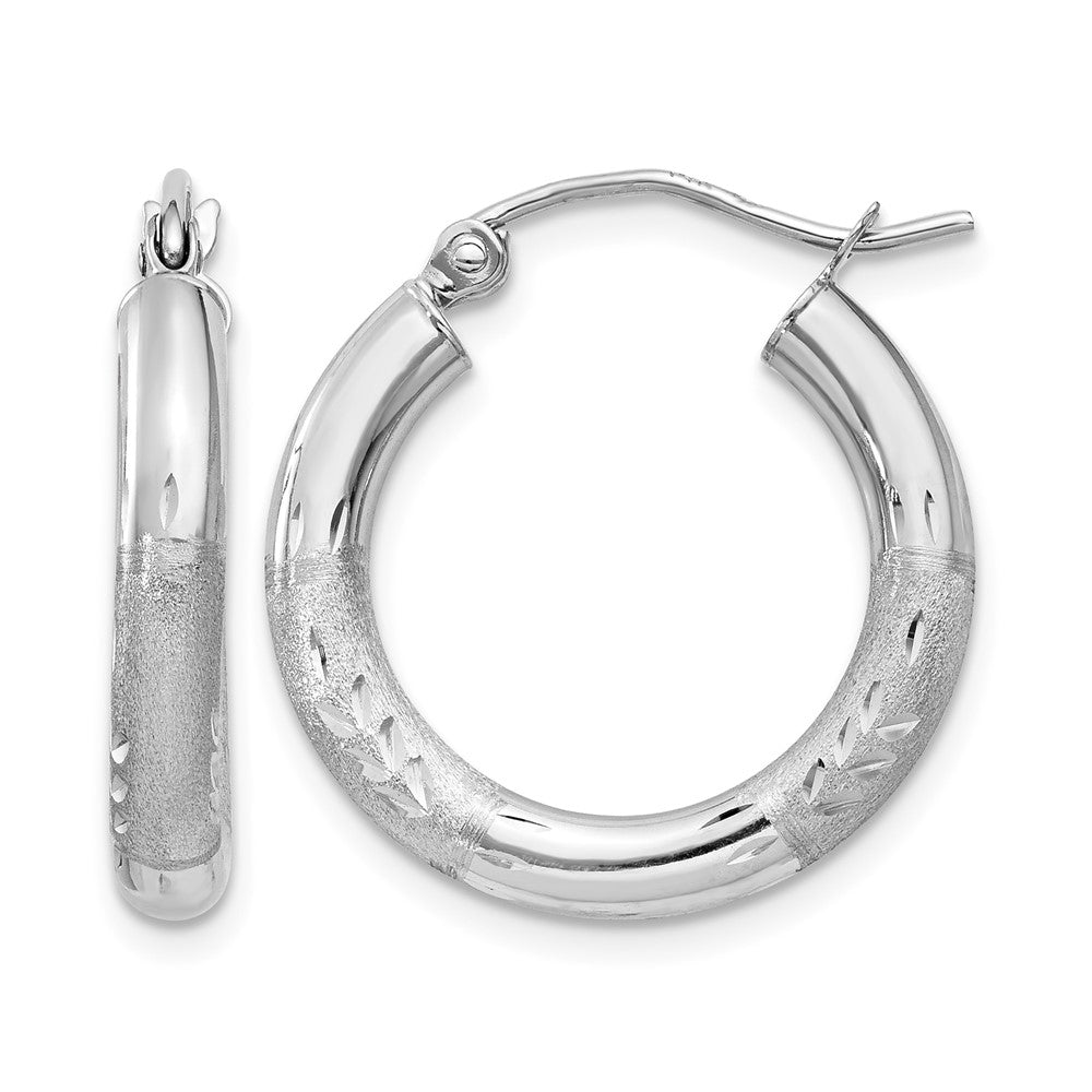14k White Gold 3x Satin Diamond-cut Round Tube Hoop Earrings