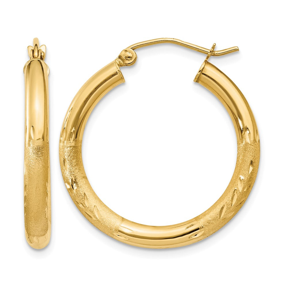 14k 3x Satin Diamond-cut Round Tube Hoop Earrings