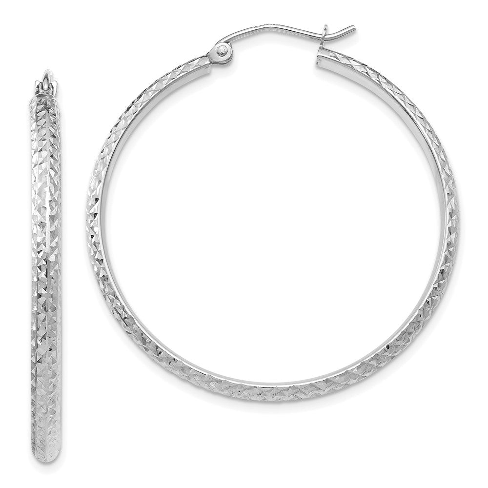 14K White Gold Diamond-cut 2.8x Hollow Hoop Earrings