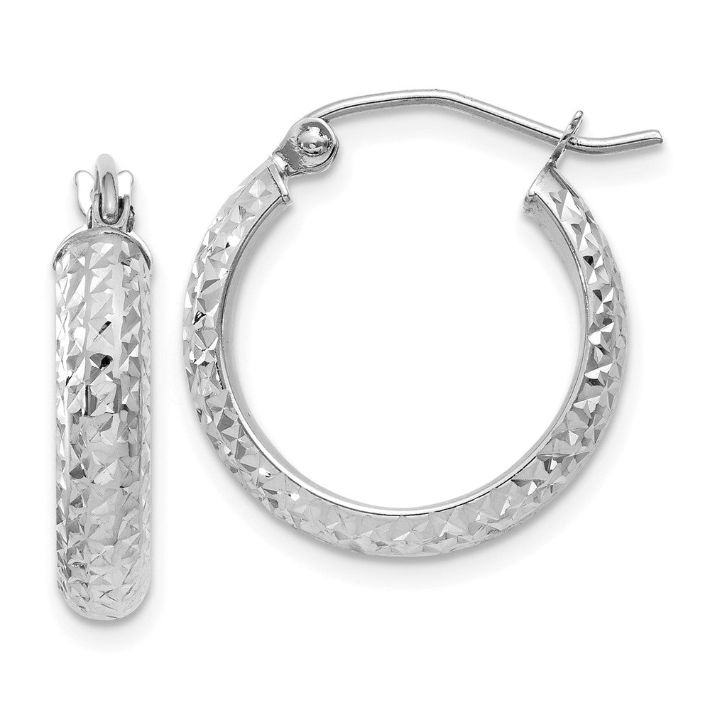 14K White Gold Diamond-cut 3.5x Hollow Hoop Earrings