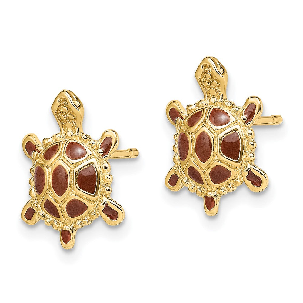 14K Sea Turtle W/Spiny Brown Enamel Shell Earrings