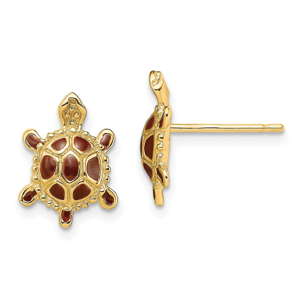 14K Sea Turtle W/Spiny Brown Enamel Shell Earrings