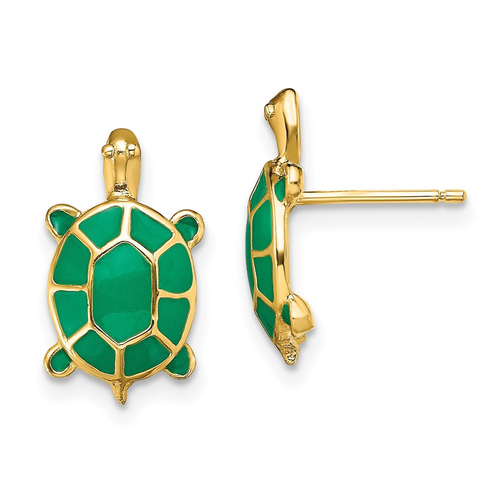 14K Land Turtle W/Green Enamel Shell Earrings