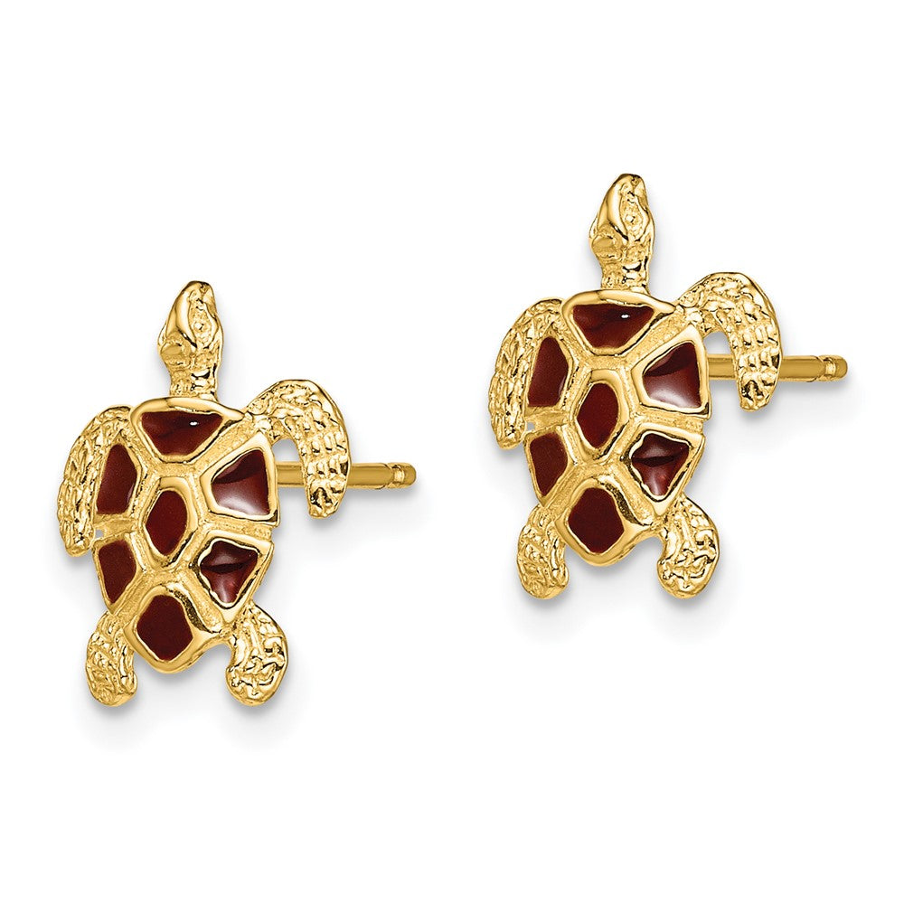 14K Sea Turtle W/Brown Enamel Shell / Textured Post Earrings