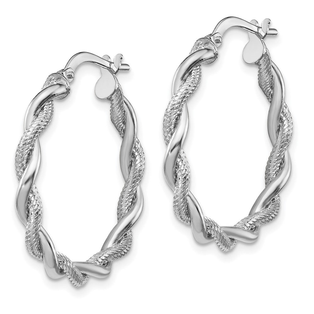 14k White Gold Medium Polished & Diamond-cut Twisted Hoops