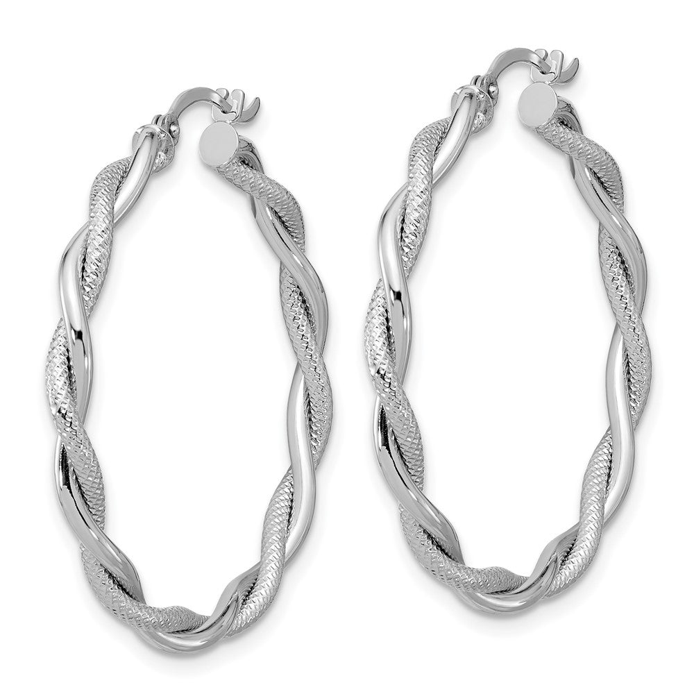 14k White Gold Large Polished & Diamond-cut Twisted Hoops