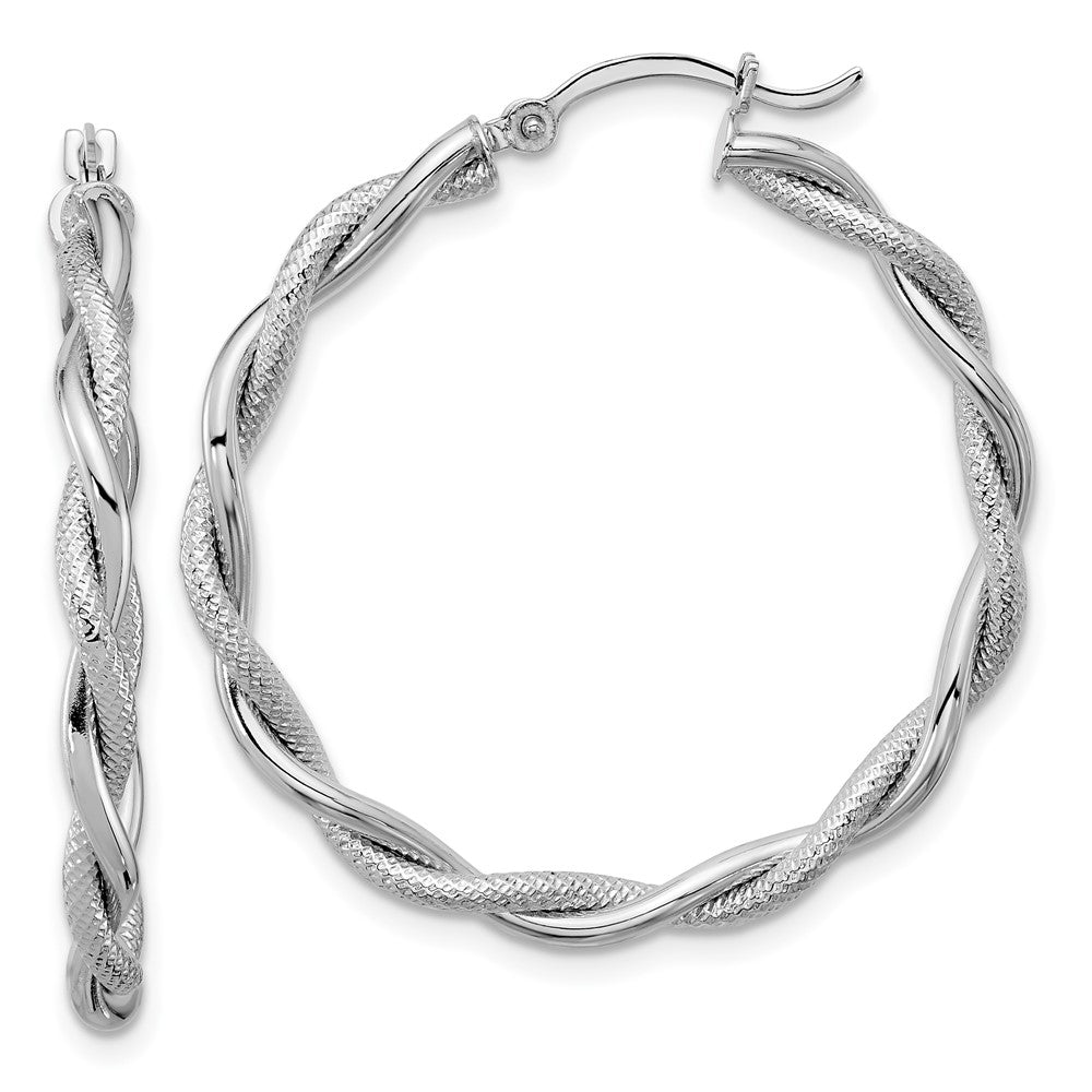 14k White Gold Large Polished & Diamond-cut Twisted Hoops