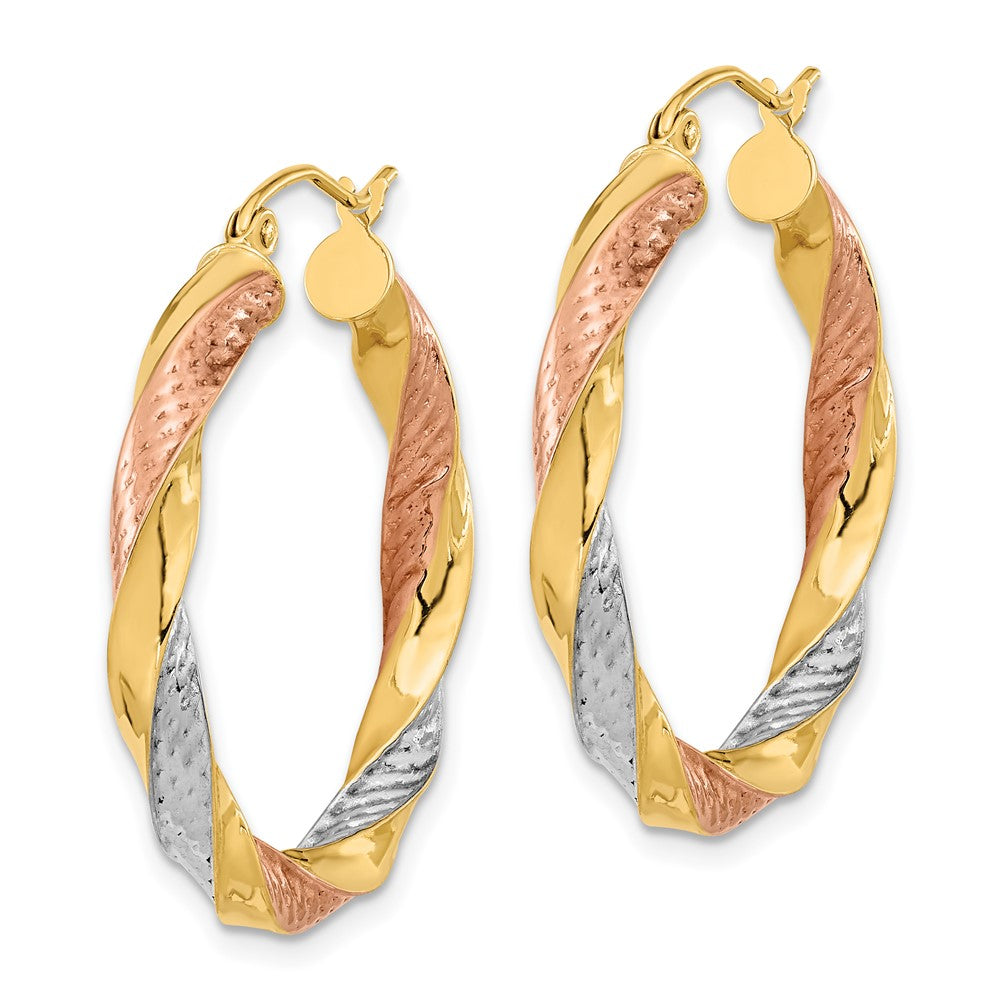 14k Tri-color Polished & D/C Twist Hoop Earrings
