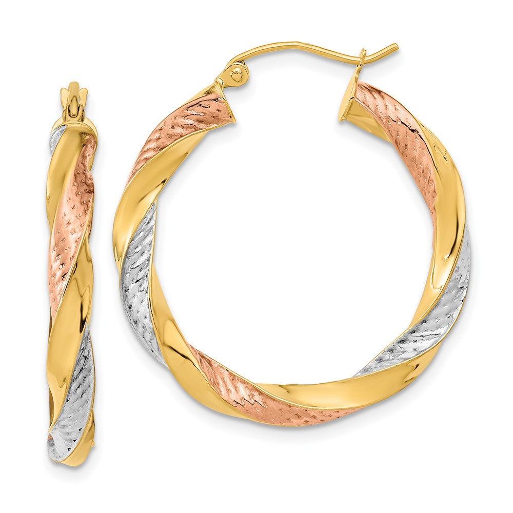 14k Tri-color Polished & D/C Twist Hoop Earrings
