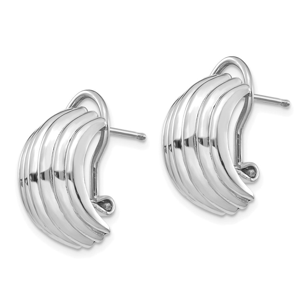 14k White Gold 9.5x Polished Ribbed Half Hoop Omega Back Post Earrings