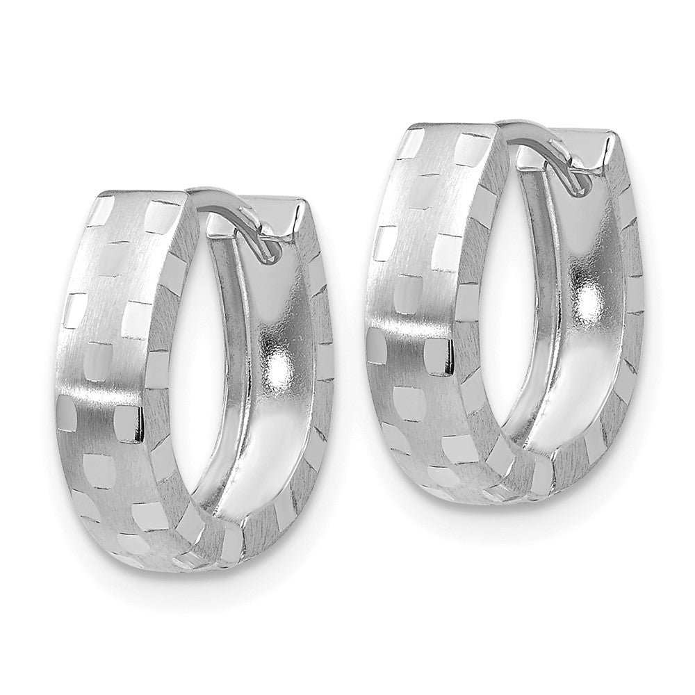 14K White Gold Diamond Cut Patterned Hinged Hoop Earrings