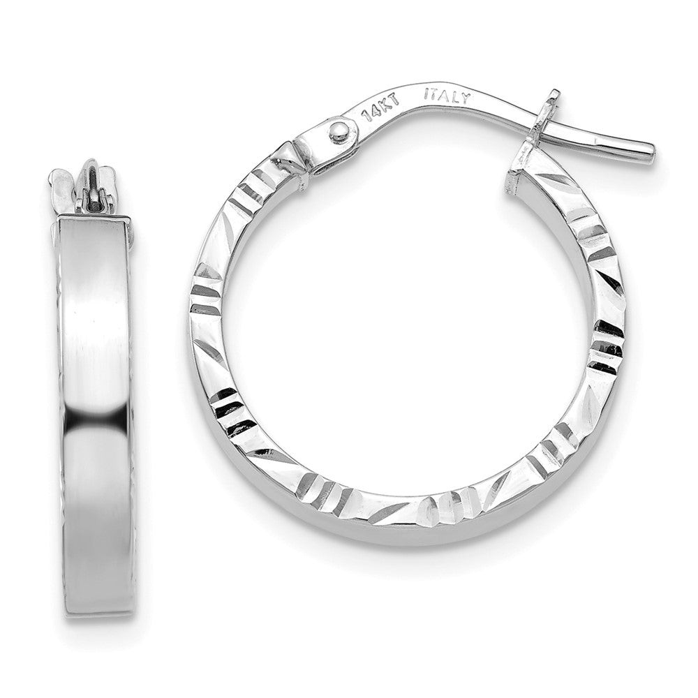14K White Gold Small Diamond Cut Edge Polished Hoop Earrings