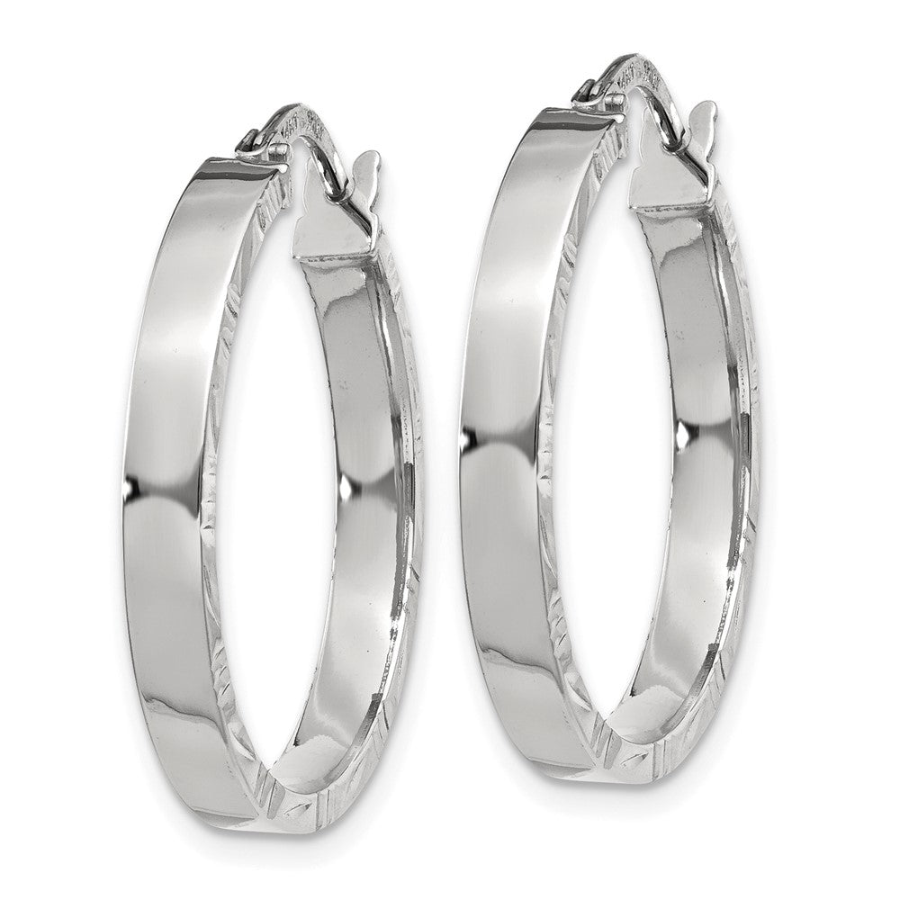 14K White Gold Diamond Cut Edge Medium Polished Hoop Earrings
