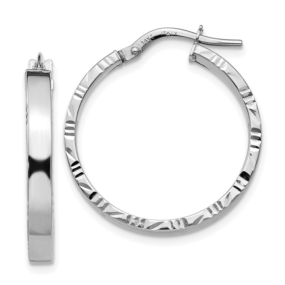 14K White Gold Diamond Cut Edge Medium Polished Hoop Earrings