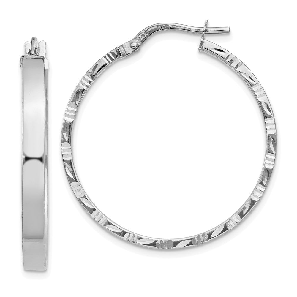 14K White Gold Diamond Cut Edge Large Polished Hoop Earrings