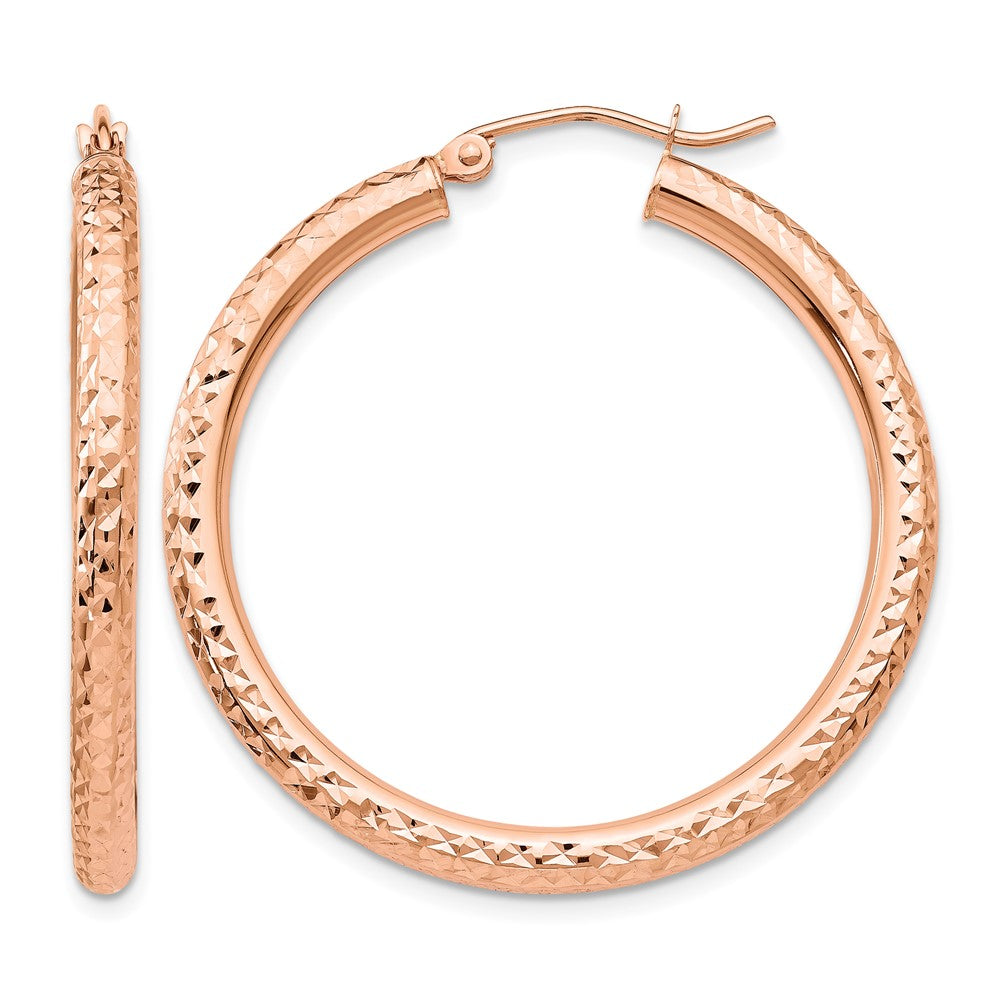 14k Rose Gold 3x Diamond-cut Round Tube Hoop Earrings