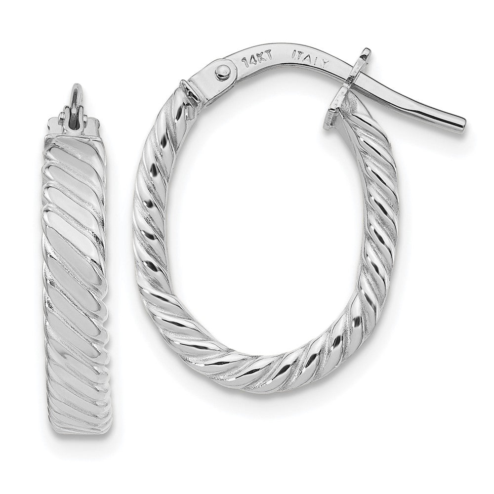 14K White Gold Patterned Oval Hoop Earrings