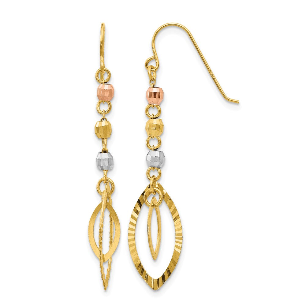 14K Tri-Color Diamond-cut Bead Oval Dangle French Hook Earrings