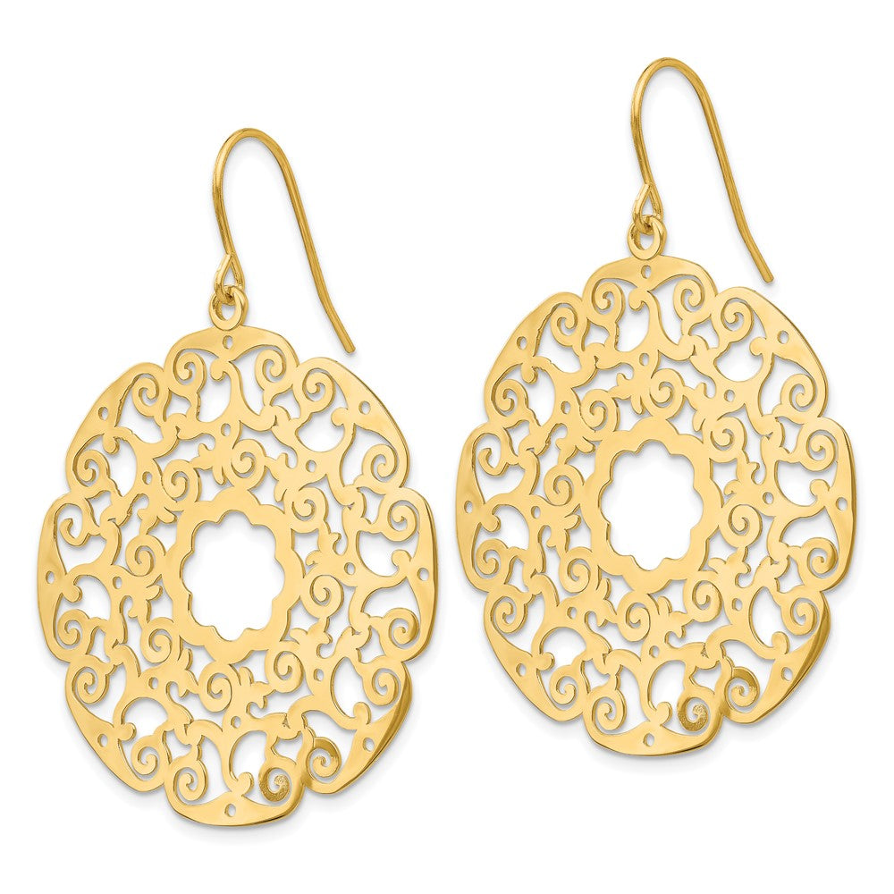 14K Fancy Lace Filigree Circle Dangle French Hook Earrings