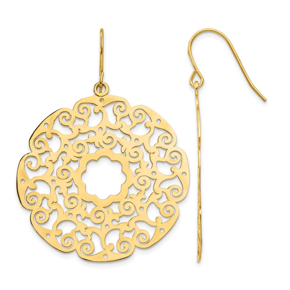 14K Fancy Lace Filigree Circle Dangle French Hook Earrings