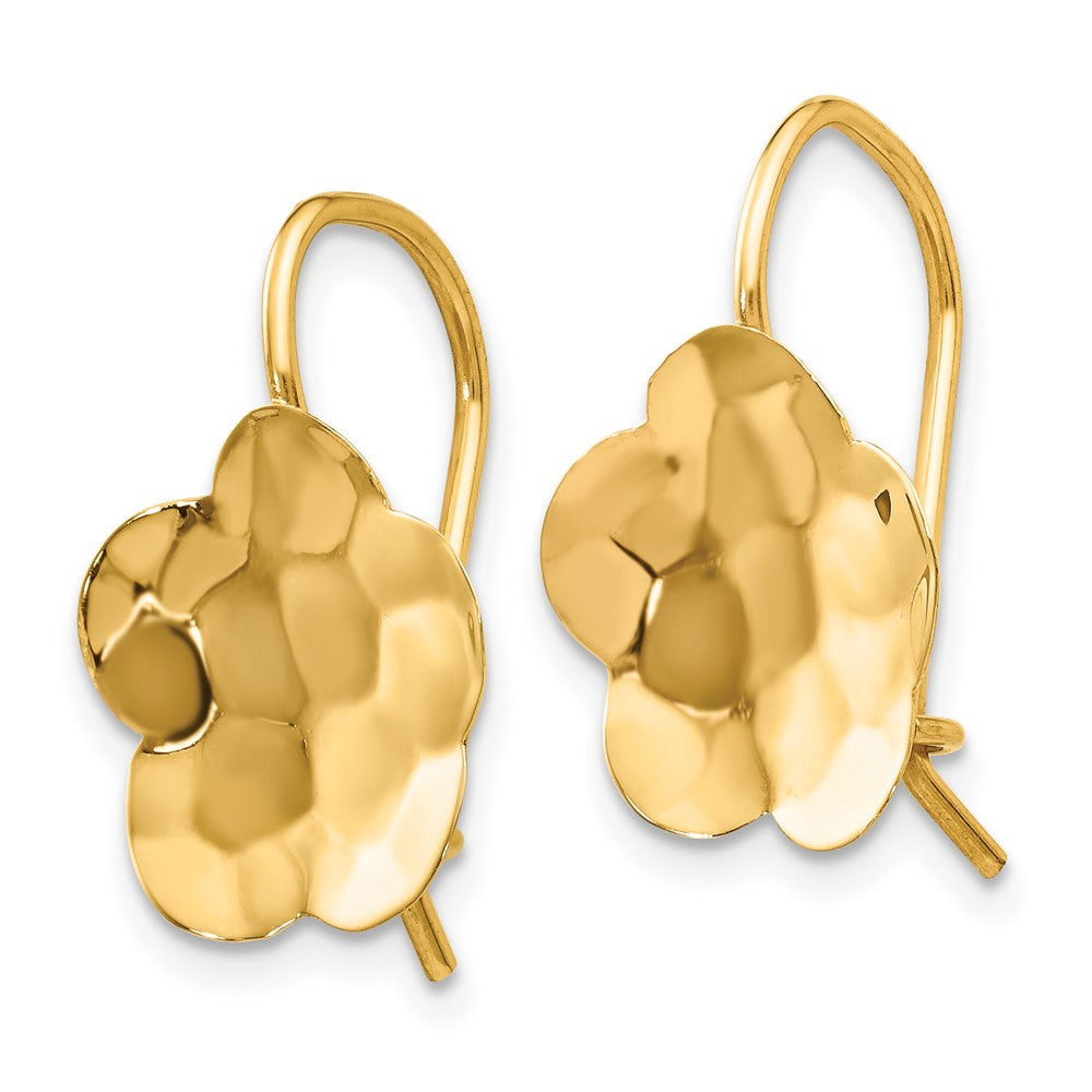 14k Concave Hammered Flower Disc Kidney Wire Earrings