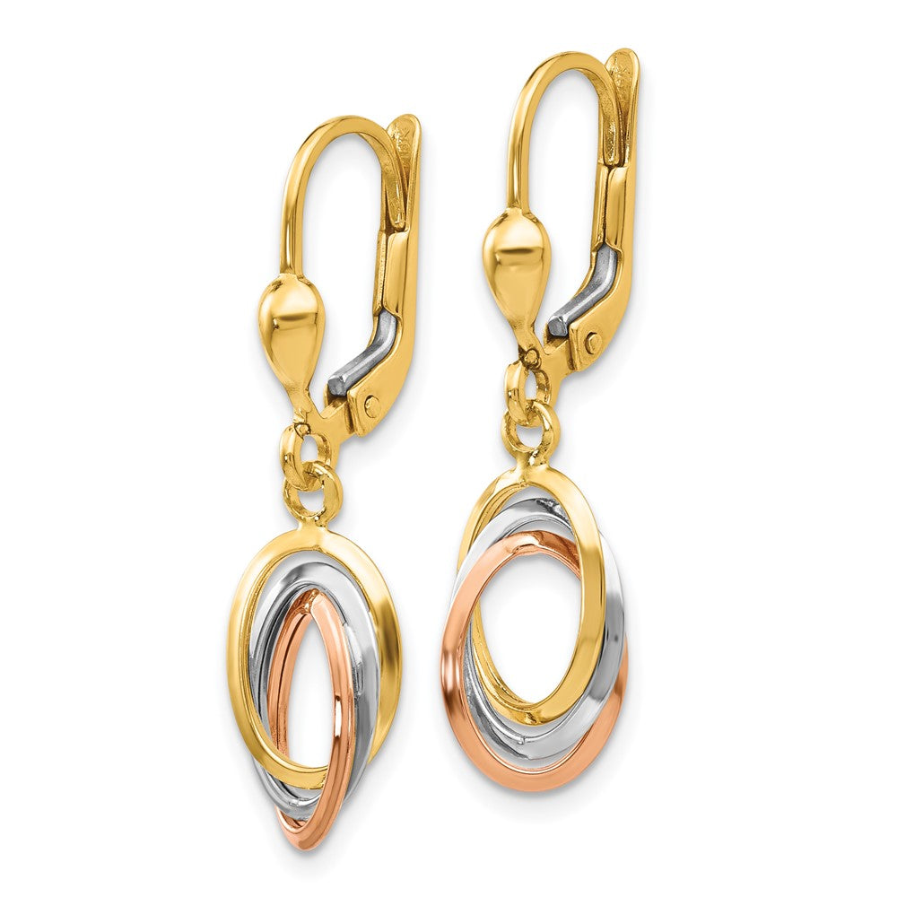 14K Tri-Color Polished Intertwined Ovals Dangle Leverback Earrings