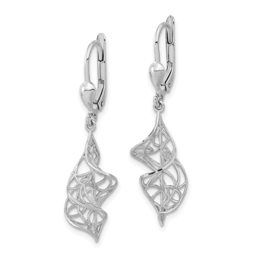 14k White Gold Polished Twisted Diamond-cut Dangle Leverback Earrings