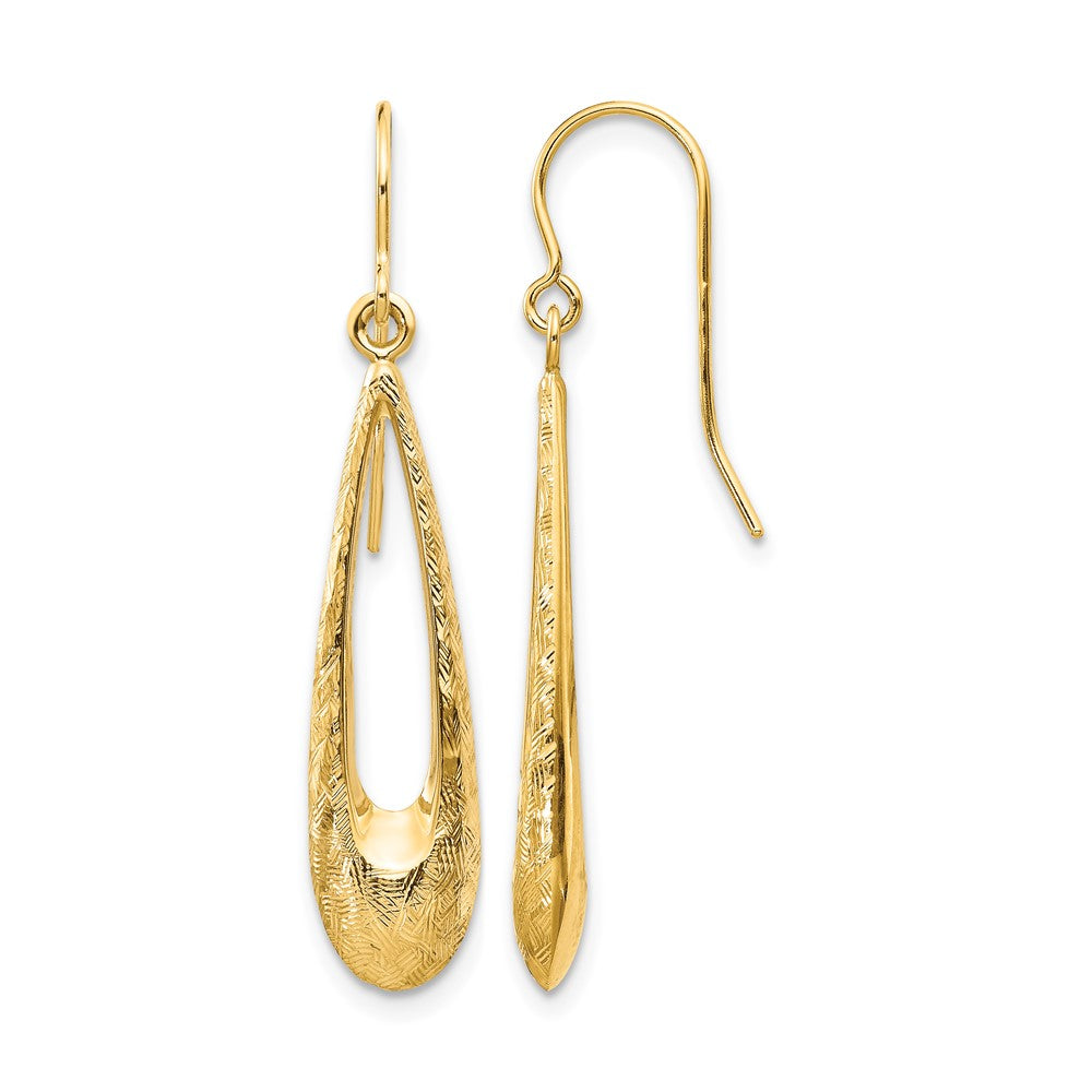 14K Polished and Textured Teardrop Dangle French Hook Earrings