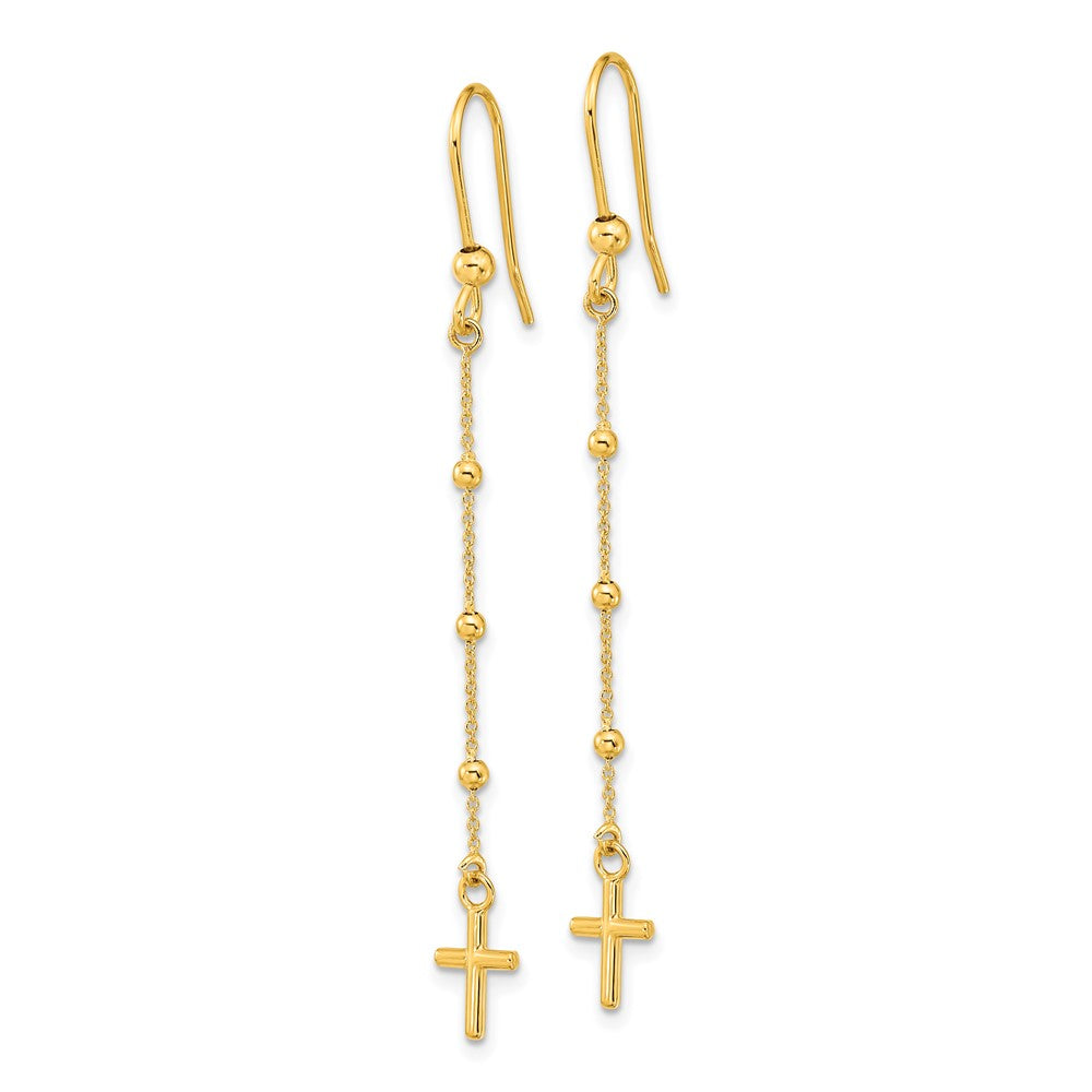 14k Polished Cross Dangle Shepherd Hook Earrings