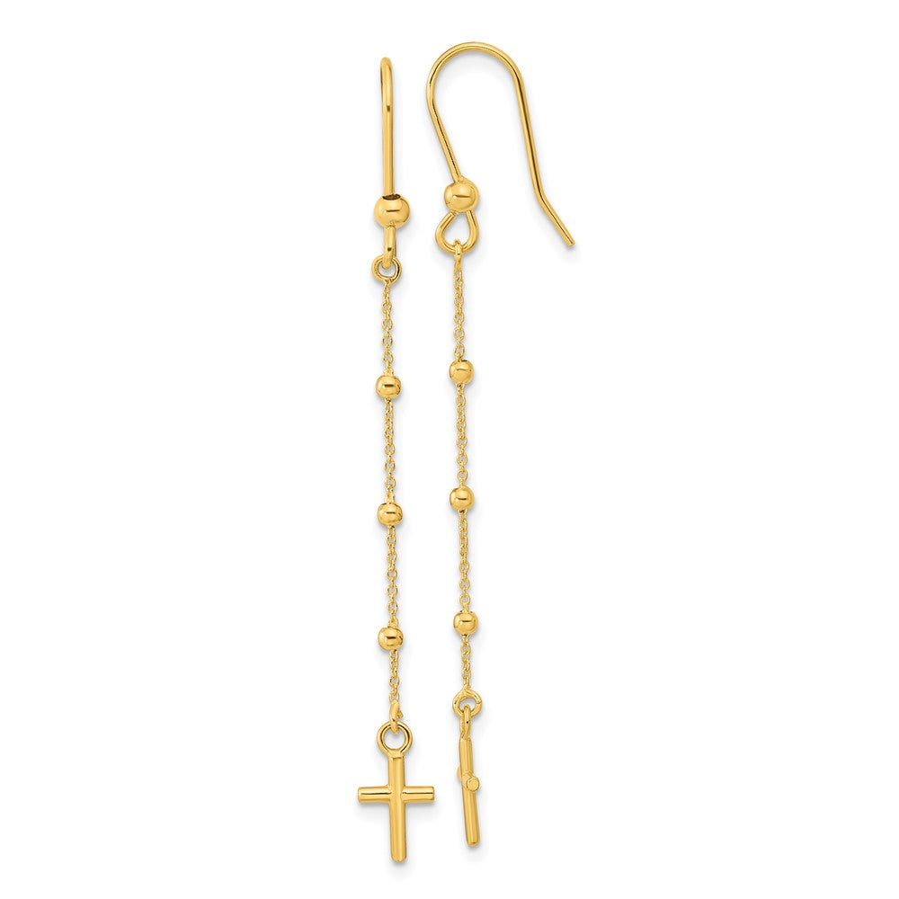 14k Polished Cross Dangle Shepherd Hook Earrings