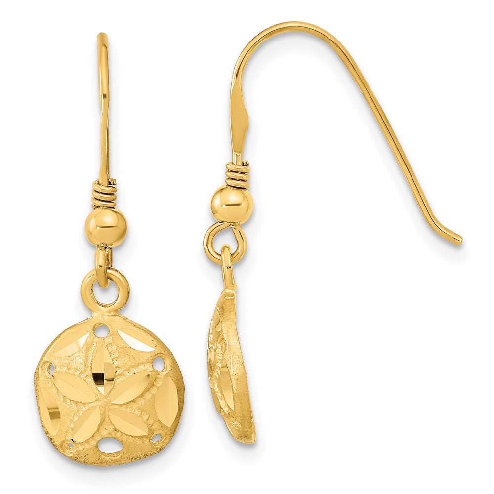 14k Polished & Satin Diamond-cut Sand Dollar Shepherd Hook Earrings