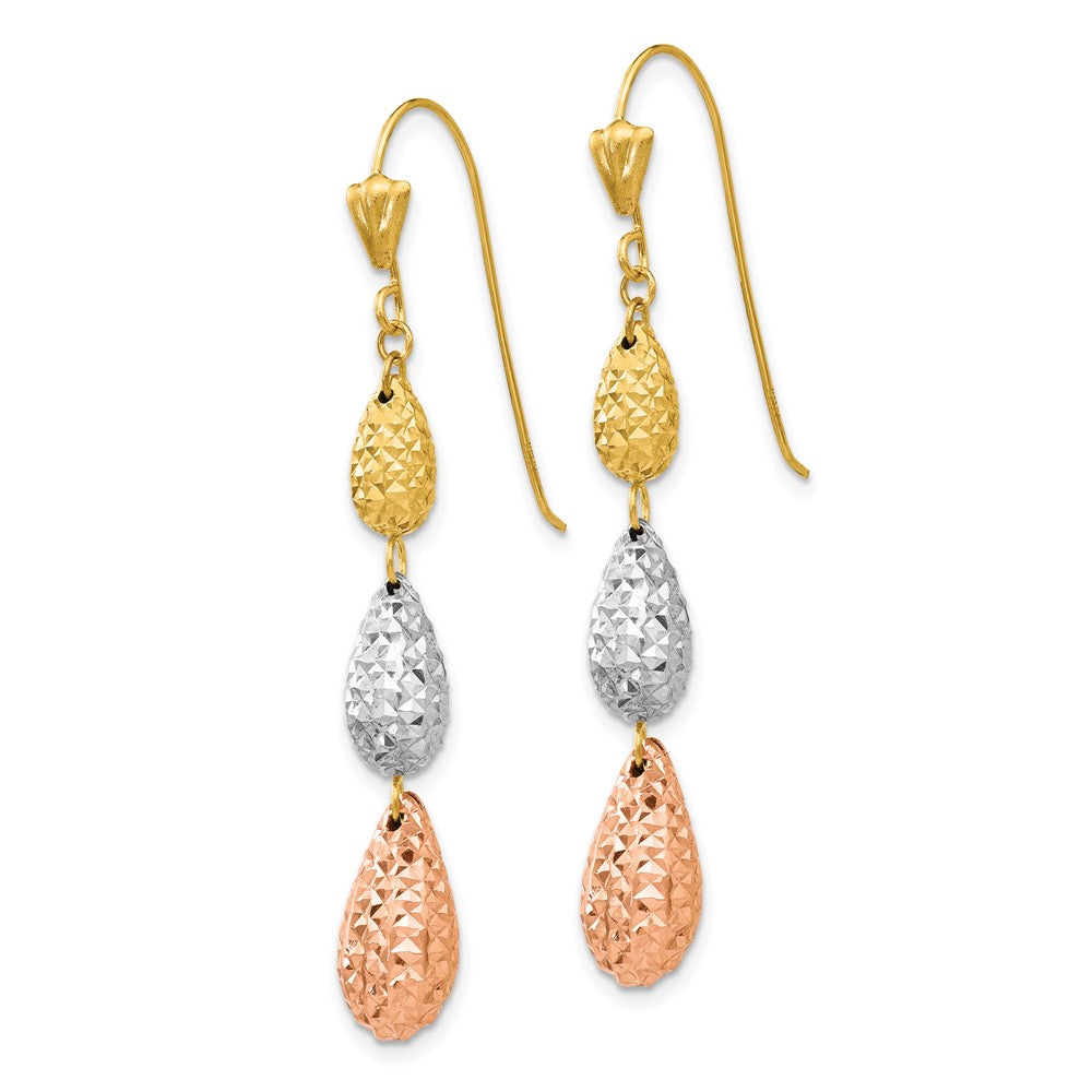 14k Tri-color Puffed Diamond-cut Teardrops Dangle French Hook Earrings