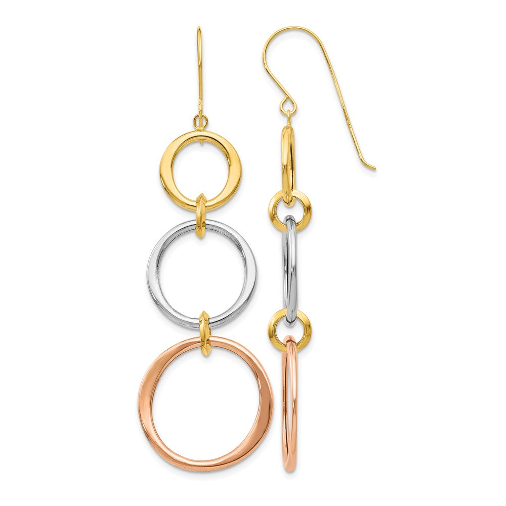 14k Tri-color Triple Graduated Circle Dangle French Hook Earrings