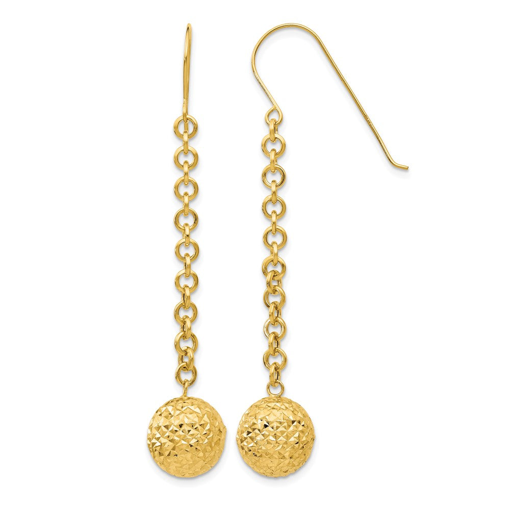 14k Diamond-cut Hollow Bead and Chain Dangle French Hook Earrings