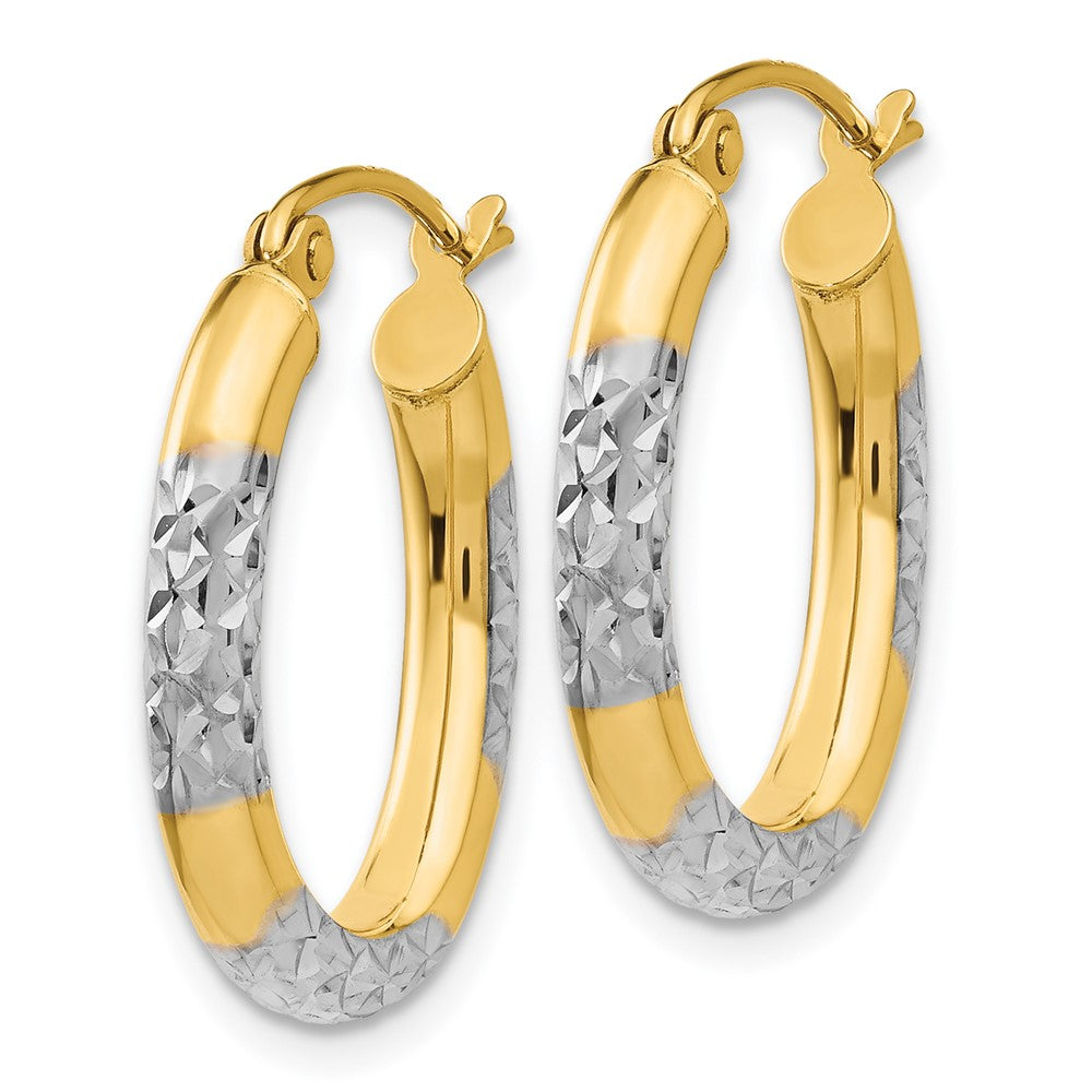 14K & Rhodium Diamond Cut Oval Hollow Hoop Earrings