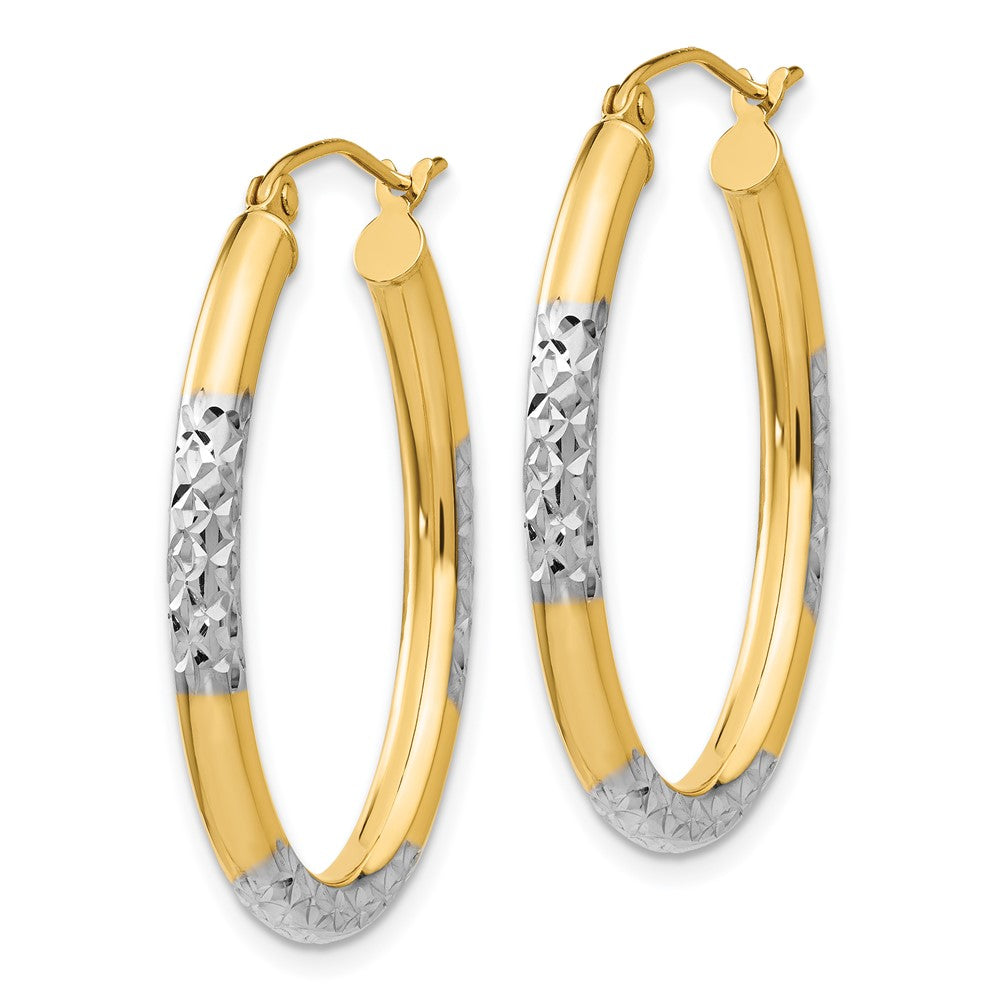 14K w/ White Rhodium Diamond Cut Oval Hollow Hoop Earrings