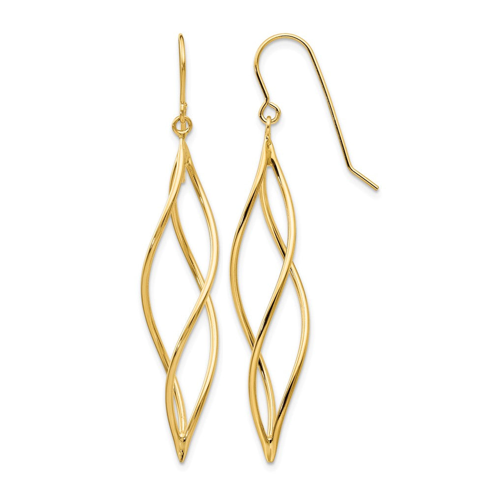 14k Polished Long Twisted Swirl Drop French Hook Earrings
