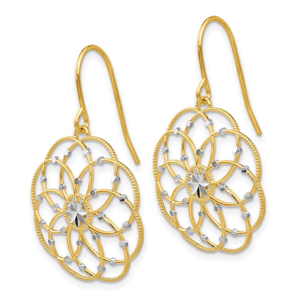 14k and White Rhodium Diamond-cut Floral Dangle French Hook Earrings