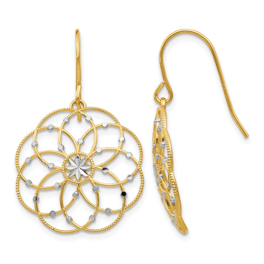 14k and White Rhodium Diamond-cut Floral Dangle French Hook Earrings