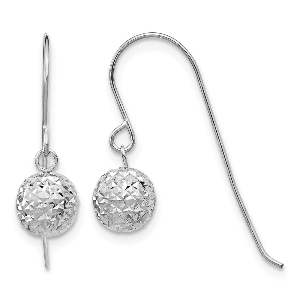 14K White Gold Diamond-cut Bead Dangle French Hook Earrings
