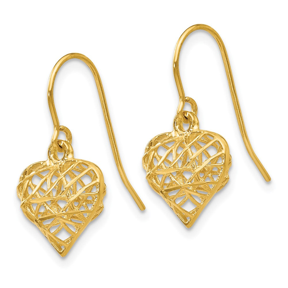14k Diamond Cut Puffed Heart Dangle Earrings