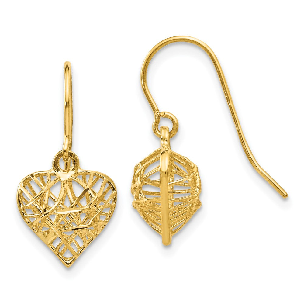 14k Diamond Cut Puffed Heart Dangle Earrings