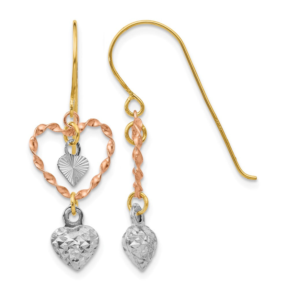 14k Tri-color Diamond-cut Heart Dangle French Hook Earrings