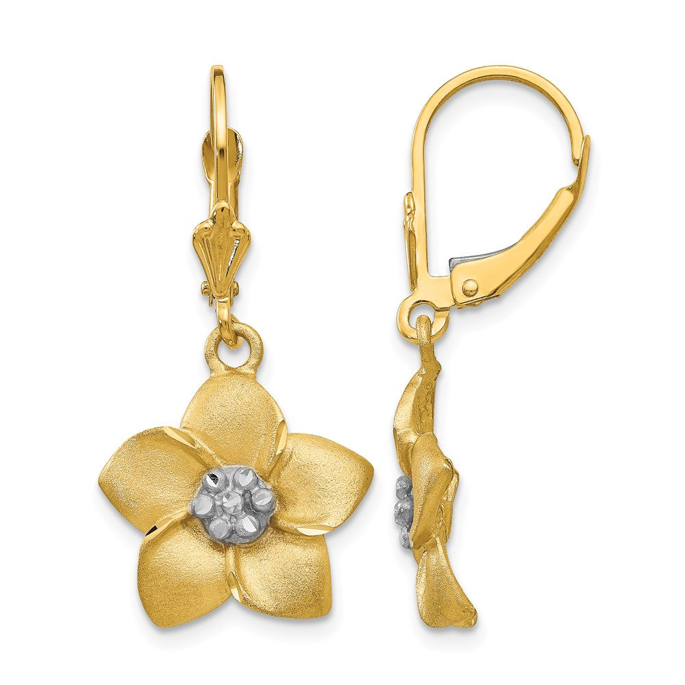 14K and White Rhodium Satin Diamond-cut Large Plumeria Dangle Leverback Earrings
