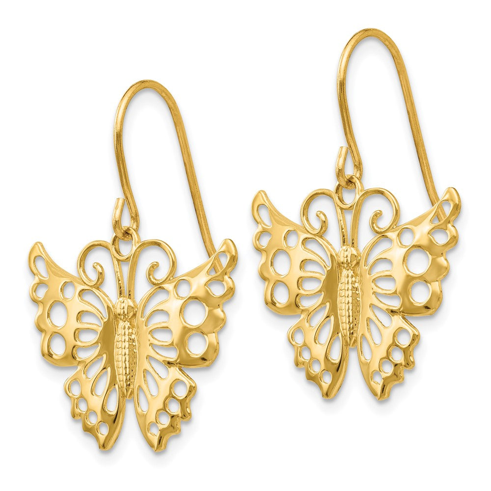 14k Dangle Butterfly Shepherd Hook Earrings